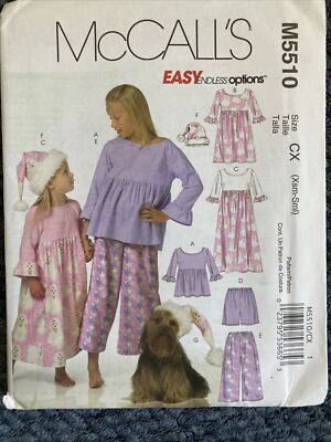 GIRL'S SLEEP GOWNS/ TOPS/ BOTTOMS/ HAT & Dog Hat! - McCALL'S PATTERN #M5510 3-6