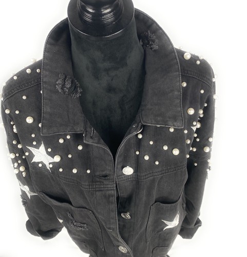 Vici Distressed Pearl Embroidered Black 5 Button 2 Pocket Cotton Jacket Size M - Picture 8 of 10
