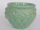 1930s Vintage McCoy Art Pottery green Diamond Quilt Leaf Berry 8 1/2" Jardiniere