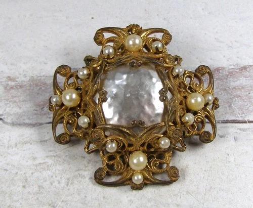 Vintage Miriam Haskell Layered Plated Brass Filigree Mabe Pearl Ornate Brooch
