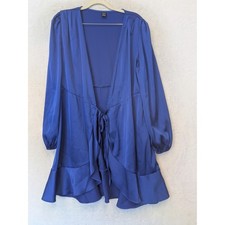 SHEIN Mini Dress Women's Small Blue Satin Tie Front Ruffle Hem Long Sleeve