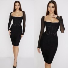House Of CB Freyja Black Gathered Corset Dress Size XS Long Sleeve .
