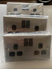 3 X LAP Double Switched Plug Sockets Brushed Stainless With Black Insert
