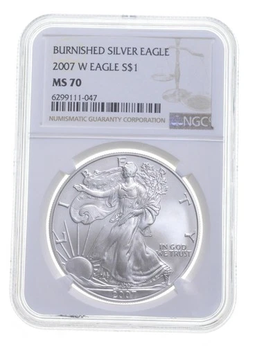 2007-W BURNISHED SILVER EAGLE MS70 NGC CLASSIC BROWN LABEL *8597