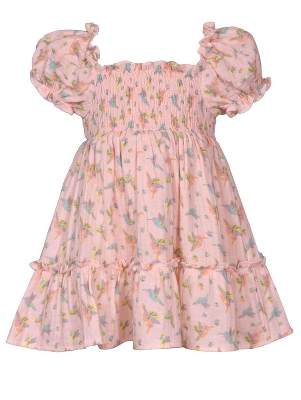 NEW Bonnie Jean Girls Size 4 "PEACH HUMMINGBIRD" Smocked Puff Sleeve Dress NWT