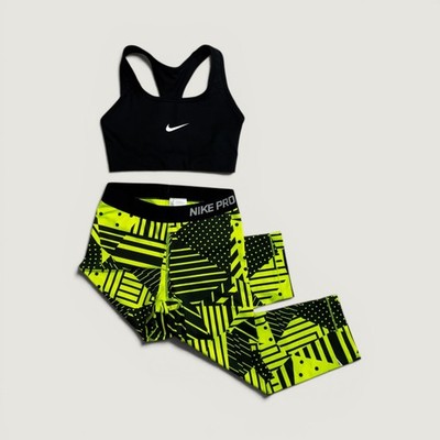 Nike Bundle Pro Womens 2 Piece Set Black Yellow Geometric Leggings Sports Bra