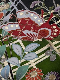 Japanese Kimono Silk Furisode Black Green Gold Detailed Colored Floral Butterfly