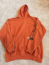 Carhartt Men  s Orange Logo Pullover Hoodie, Original Fit, Size M, Pockets