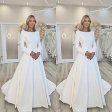 Satin Wedding Dresses Long Sleeves White Ivory Elegant A Line Bridal Gowns