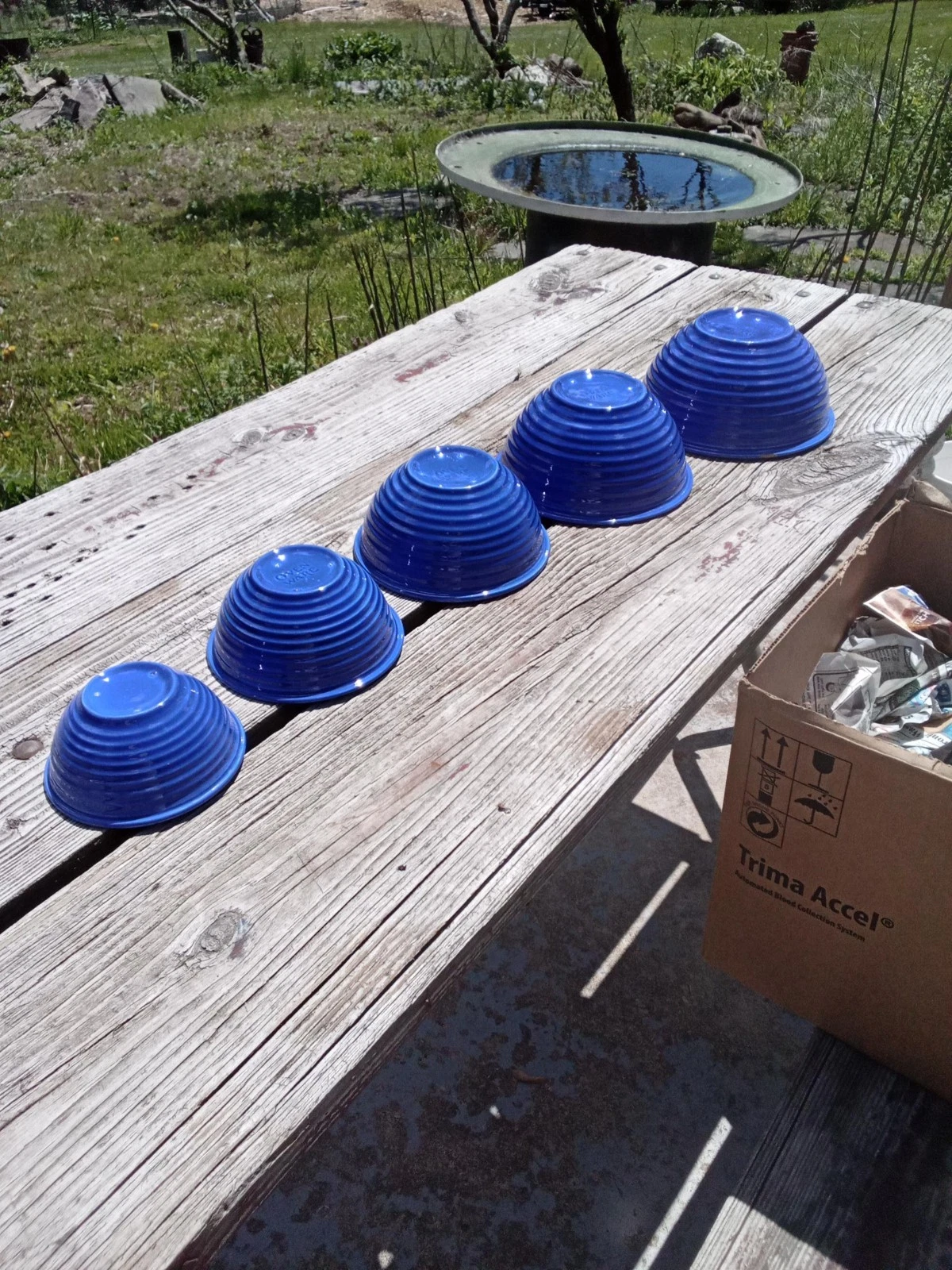 5 Vintage COBALT BLUE MIXING BOWLs set w/Ribbed Ribs Rings Ringed Sides