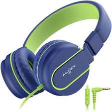 Kids Headphones On-Ear Safe Volume 93dB HD Mic Foldable 3.5mm Wired Blue Green