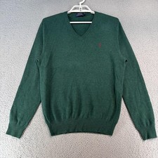 Polo Ralph Lauren Sweater Mens Medium Green Merino Wool V Neck Pullover Classic