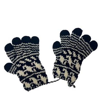 Hand Knit Nordic Style Houndstooth Gloves Navy Cream Winter Warm Cozy