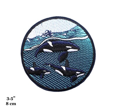 Orca Killer Whale Family Swimming Ocean Nature Round Embroidered Iron On Patch