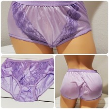 Shiny Double Nylon LACE Silky Granny Panty Wide Gusset Full Cut 6/M PURPLE Lilac