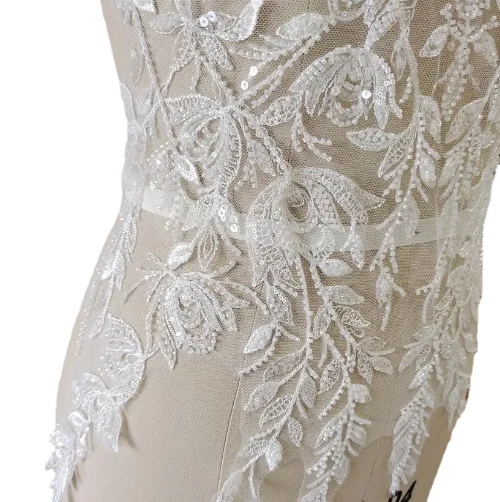 OFF WHITE Abito da sposa 65*48 cm paillettes perline pizzo petto fiori 3D applique colletto pizzo