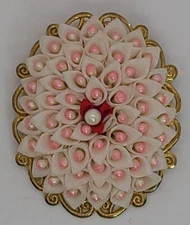 Vintage Fabric And Beaded Pink Pin Brooch 2"