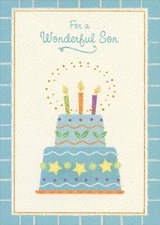 Designer Greetings Two Tiered Blue Cake with Blue Border Birthday Card for Son