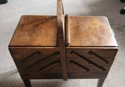 VTG Mid Century Strommen Bruk Hamar Norway Accordion Style Wood Sewing Box Fold