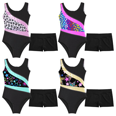 DE iEFiEL Kinder Turnanzug Mädchen Mit Hose Ärmellos Bedruckte Trikot Gymnastik
