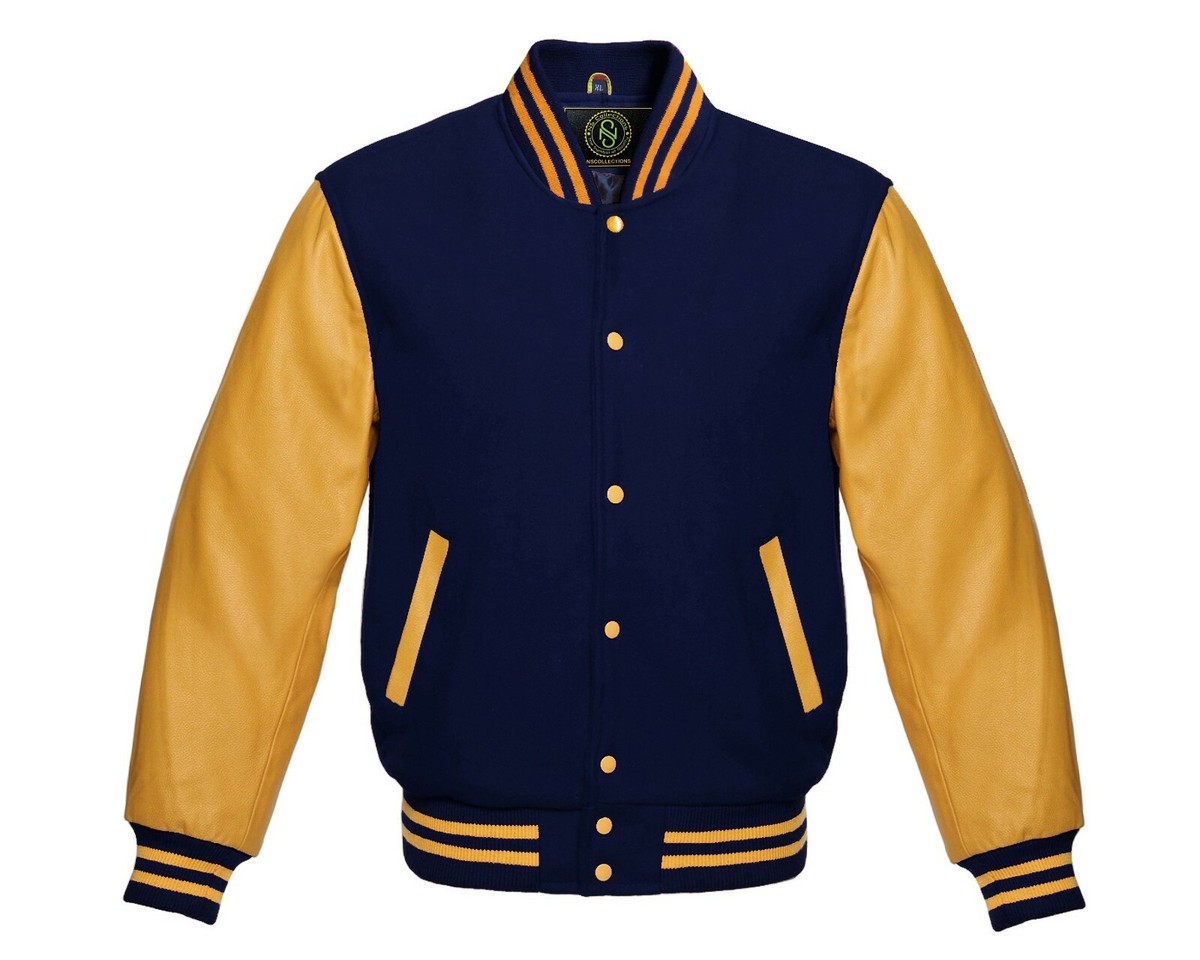 Varsity Jacket Letterman Baseball Bomber Navy Blue Wool & Genuine