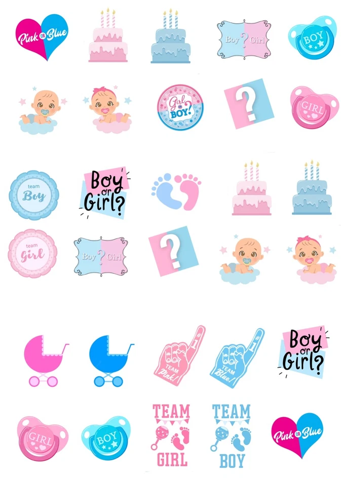30 Stand Up Gender Reveal Baby Shower Boy Girl Edible Wafer Paper Cake Toppers - Image 2 of 2