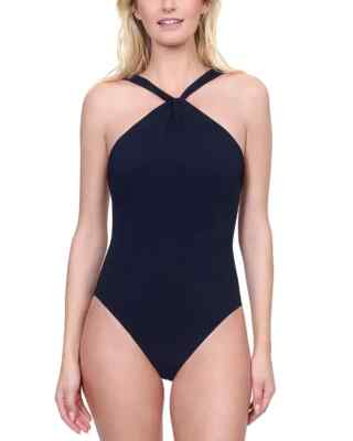 $168 Gottex Beaute Luxury High Neck Twist Halter One Piece Swimsuit 8 eau1825