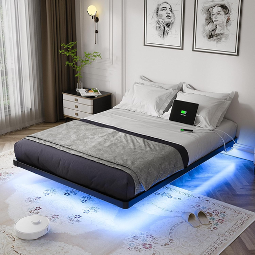 Floating Full Size Bed Frame with LED Lights & Charging Station, Easy Assembly - Picture 9 of 12