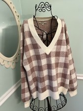 Ann Taylor Loft Sweater Large Plaid Gingham Pink Sweater Sz L V Neck NWT