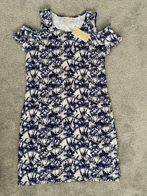 Michael Kors Cold Shoulder Bodycon Mini Dress Womens Small Basics Blue White MK 