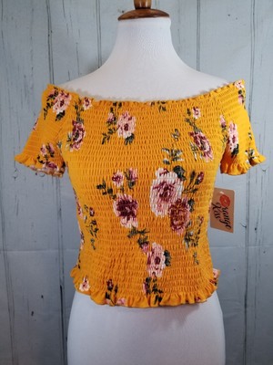 yellow smocked off the shoulder top