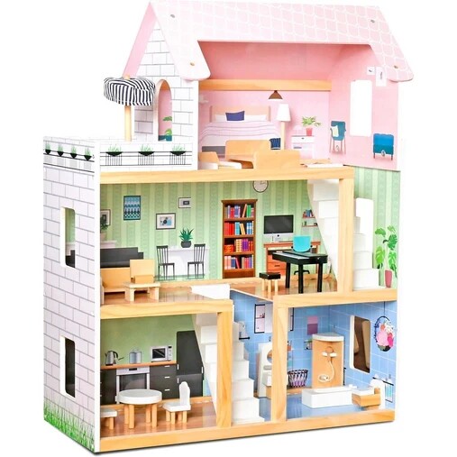 Lil' Jumbl Kids Wooden Dollhouse, Story Small Doll House with