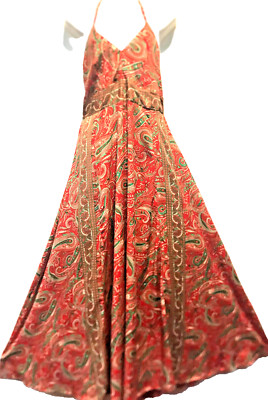 SACRED THREADS paisley boho funky soft poly/silk maxi halter DRESS M Free ship