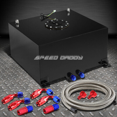 10 GALLON BLACK ALUMINUM FUEL CELL GAS TANK+CAP+LEVEL SENDER+STEEL FUEL LINE KIT