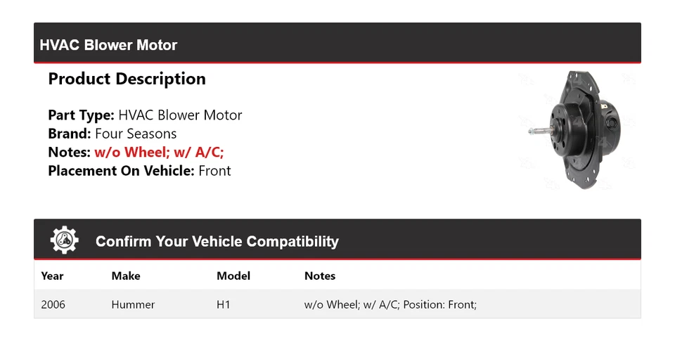 For 2006 Hummer H1 HVAC Blower Motor Front 4 Seasons - Image 2 of 4