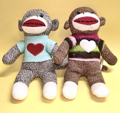 Set of 2 Dan Dee Sock Monkey Plush Heart Red Sweater & Blue Top Plush