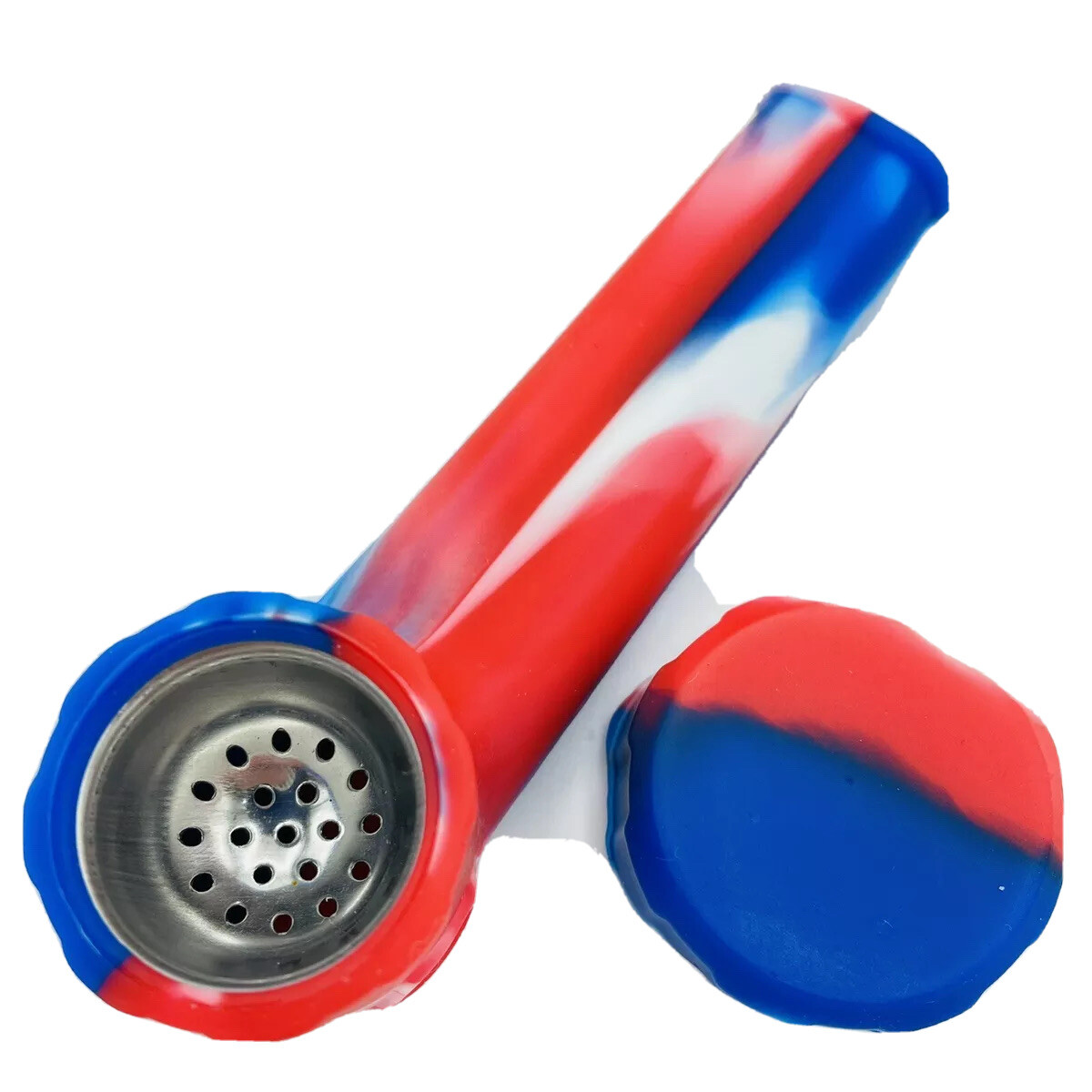 Silicone Smoking Pipe with Metal Bowl & Cap Lid | Red/White/Blue | USA