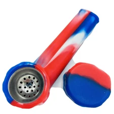 Silicone Smoking Pipe with Metal Bowl & Cap Lid | Red/White/Blue  | USA