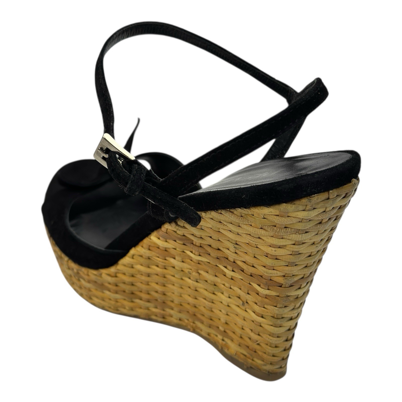 PRADA Black Suede Espadrille Platform Slingback Wicker Wedge Heels 38.5 / 8 US image 3