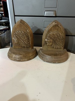 Vintage Wooden Native American Library Bookends Chief