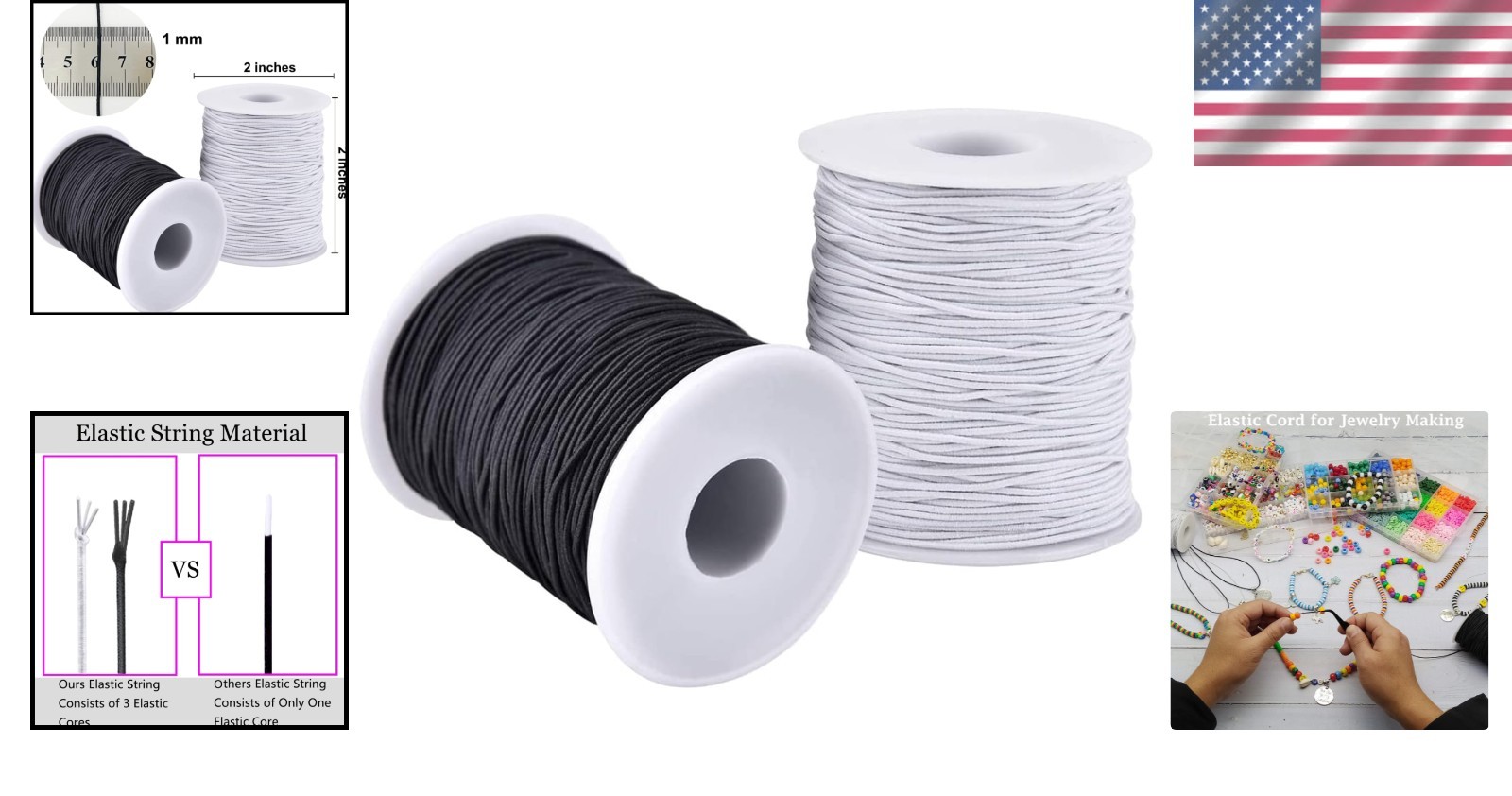 Sturdy 1mm Elastic Beading Cord for Jewelry Making - 2 Rolls of 55 Yards Each