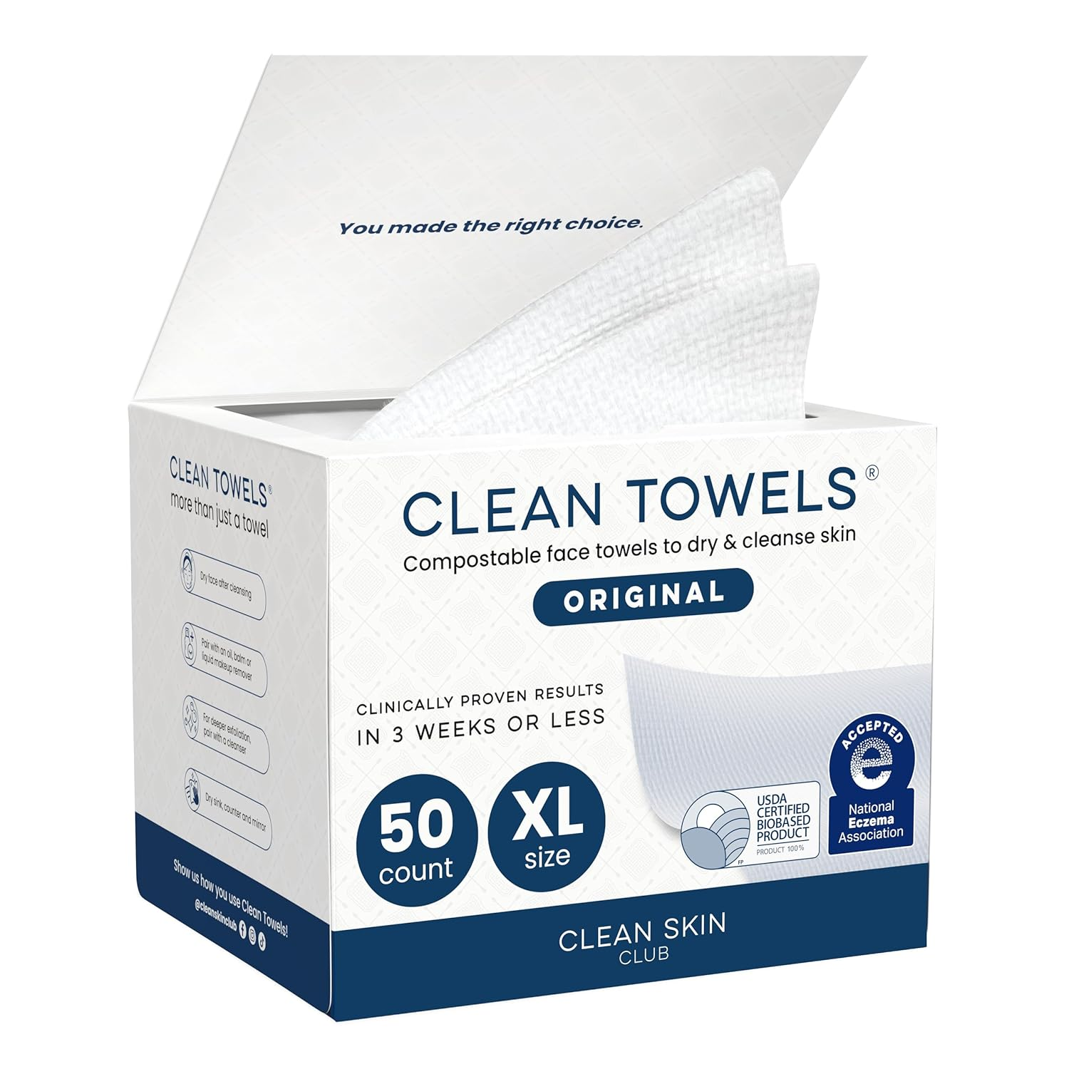 Clean Towels XL®, 100% USDA Biobased Face Towel, Disposable Face Towelette, Ecze
