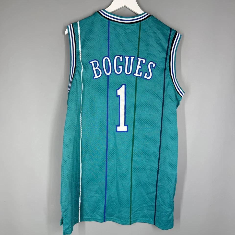 MUGGSY BOGUES #1 CHARLOTTE HORNETS NBA LARGE TEAL MENS HARDWOOD EUC JERSEY - Image 2 of 4