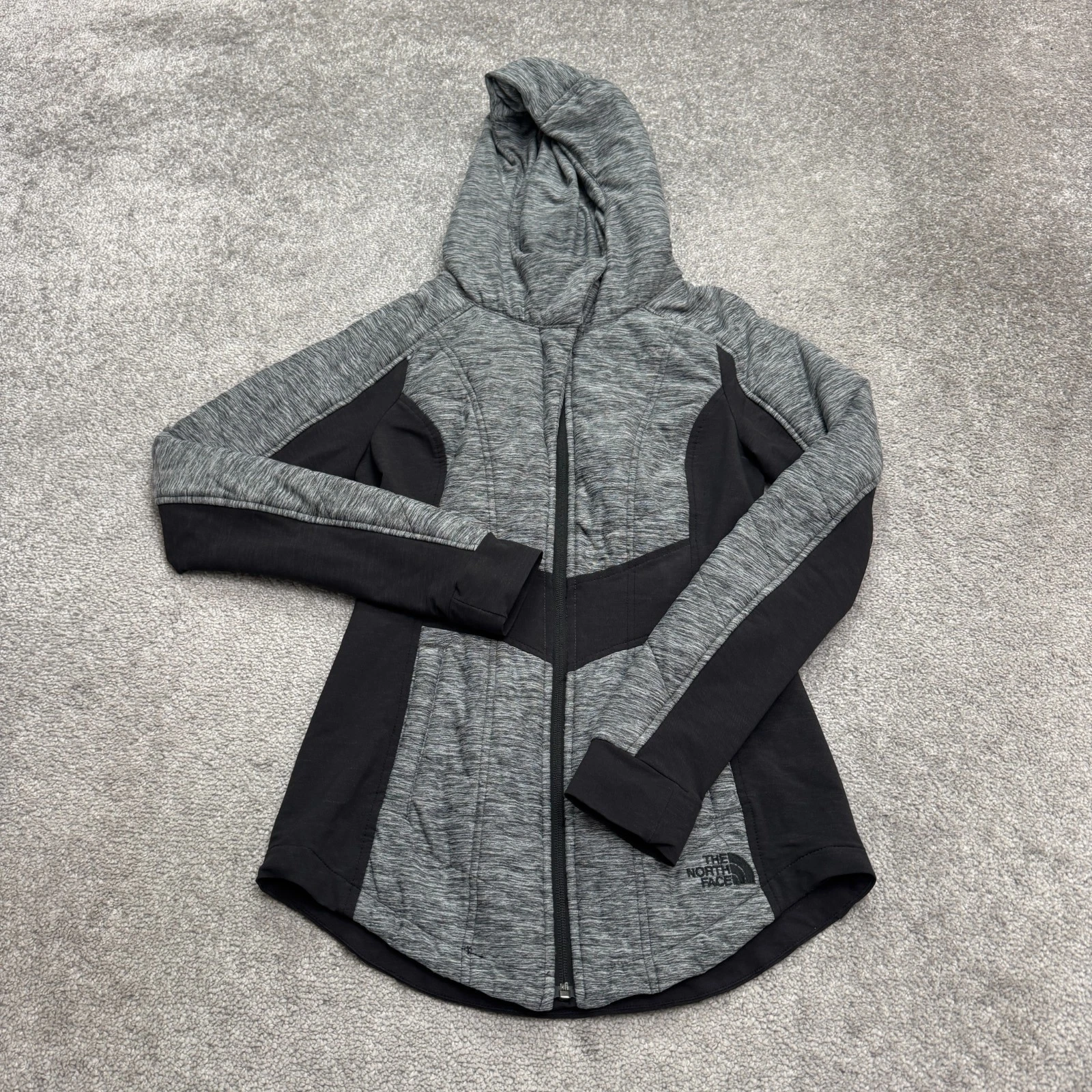 The North Face Pseudio Quilted Hoodie Jacket Womens XS Gray Black Colorblock