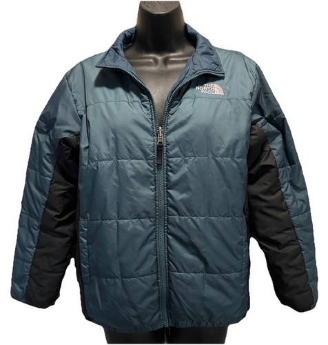The North Face Zip Up Blue/Black Puffer Jacket Pockets Logo Size L (14-16)