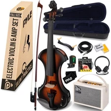 Pyle Electric Plywood Violin Stringed Instrument w/ Accessory Kit (Sunburst)