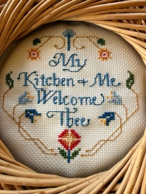 Vintage 90s Handmade Cross Stitch Wicker Frame My Kitchen And Me Welcome Thee