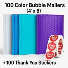 100 4x8 Color Bubble Mailers White Blue Teal Purple + 100 Thank You Stickers