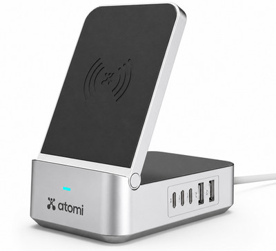 Atomi 55W Multi port charging station Qi, 20W PD port, 2x USB-C ports, 2x USB-A