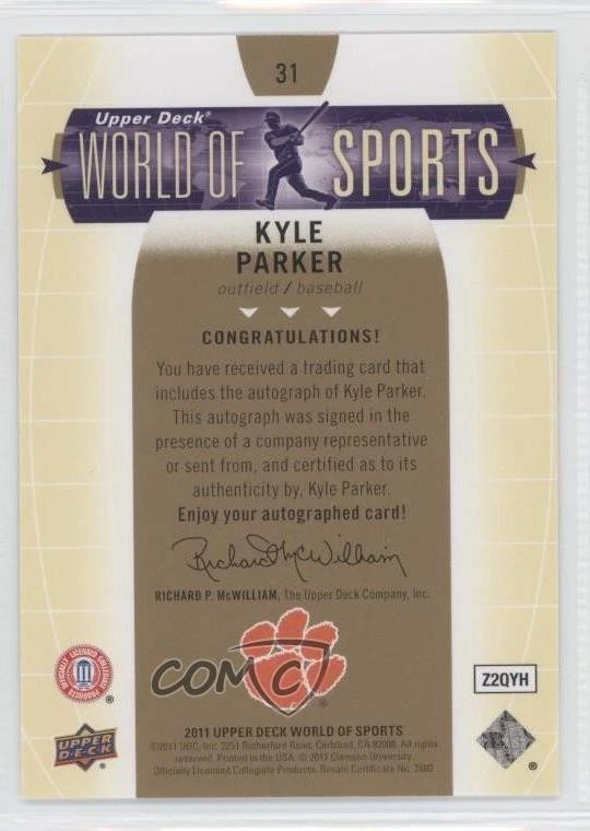 2011 Upper Deck World of Sports Auto Kyle Parker #31 Auto - Image 2 of 2